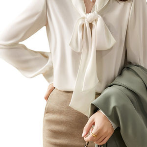 Camisa informal para mujer elegante pajarita cuello manga larga botón puño gasa blusa cuello verano blusas para mujer - Product Image 1