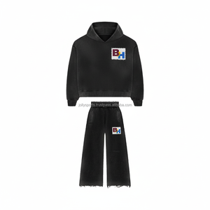 Haute qualité 380 GSM polaire survêtement doux coton tissu noir couleur personnalisé brodé Logo tenue décontractée survêtement - Product Image 1