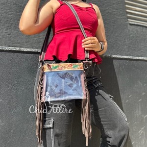 New Arrival Fringe Transparent Clear Bag Stylish Hand Tooled Carving Leather Clutch Zipper Closure <b>Large</b> Capacity Eco-Friendly - Product Image 1