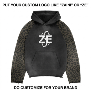 Sudadera con Capucha de Algodón y Poliéster de 450 GSM, Lavado Ácido, Paneles de Manga con Estampado de Leopardo Negro, Logotipo Personalizado, Ropa Urbana - Product Image 1