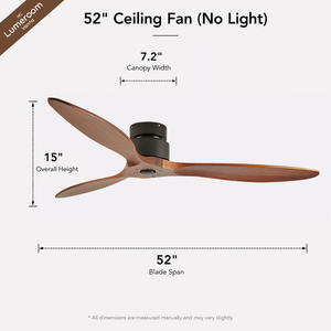 52 Inch Flush Mount Walnut Ceiling <b>Fan</b> Without Light <b>Remote</b> <b>Control</b> 3 Solid Wood Blades for Bedroom Living Room - Product Image 5