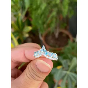 925 Silver Blue Topaz Tiara Ring Rhodium Plated with Pear & Oval Cut <b>Diamonds</b> Geometric Marquise Pattern for Engagement Gift - Product Image 2