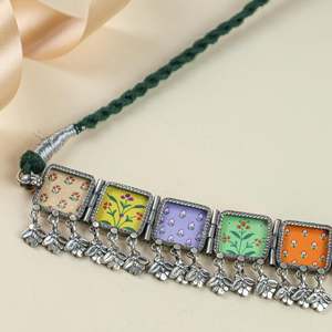 925 <b>Silver</b> <b>Chocker</b> with Hastakala Bagh Painting Gold Plated Link Chain Religious Style Diamond Pearl Encrusted for Parties - Product Image 2