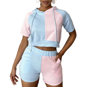 เซ็ตเสื้อแบบสวมหัวแขนแร็กแลนเสื้อครอปมีฮู้ดและกางเกงขาสั้นผ้าฝ้าย100% สำหรับผู้หญิงชุดคู่แฝดแบบลำลอง - Product Image 2