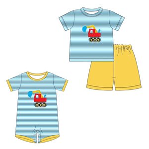 New Kids Smocked Clothes <strong>Boy</strong> Excavator Applique Embroidery <strong>Boys</strong> Boutique <strong>Clothing</strong> Sets Custom Sibling Striped Children's Rompers - Product Image 1
