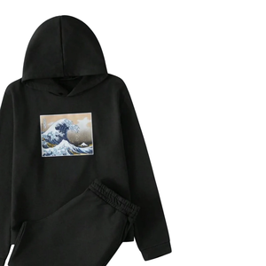 Conjunto Deportivo de Dos Piezas con Sudadera con Capucha y Pantalones Jogger de Felpa de Algodón con Estampado de Ondas, Ropa Deportiva de Invierno Unisex al por Mayor - Product Image 4