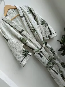 Bata Kimono Acolchada Kantha Hecha a Mano en India para Mujer, 100% Algodón, con Volantes, Doble Capa, Largo hasta el Suelo, Cintura Natural, Precio al por Mayor - Product Image 3