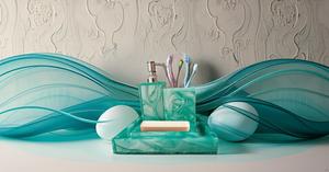 Complete 4-Piece Resin Bathroom Accessory <b>Set</b> Green Vanity Tray with <b>Soap</b> Dispenser and Toothbrush Holders Disposable Features - Product Image 5