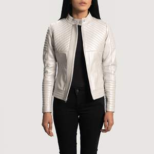 Veste de motard en cuir véritable en peau de mouton aniline fermeture éclair Ice Maiden argent matelassé pour femmes avec doublure en viscose matelassée - Product Image 2