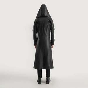 Abrigo de Cuero con Capucha Huntsman Negro, Estilo Elegante de Gabardina - Product Image 5
