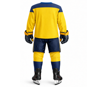 Uniforme de hockey sur glace sur mesure très demandé pour hommes - Jaune vif avec des accents bleu marine sur les épaules - Kit d'équipe complet - Product Image 2