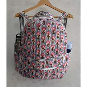 Handmade <b>Lightweight</b> Indian Cotton Quilted Mini <b>Backpack</b> with Zipper Closure Floral Hand Block Print Travel School Bag - Product Image 1