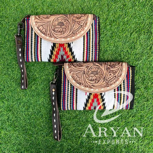 New Arrival Western Style Hand Tooled Leather Saddle <b>Blanket</b> Wristlet Clutch Hot Selling Hand Tooled <b>Stitched</b> Purse Women Wallet - Product Image 1