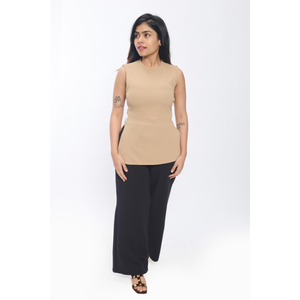Haut sans manches beige à la mode pour femmes col rond fente latérale Spandex mélange décontracté été superposition et vêtements en solo - Product Image 1