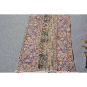 Vintage Turkish <b>Rug</b> 1.6 X 4.1ft Handmade Eco Friendly Traditional Blue Beige Wool Plush Rectangular Shape Abstract <b>Bedroom</b> - Product Image 1