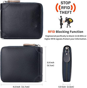 กระเป๋าสตางค์แบบพับสองด้านสีฟ้าอมเทามีซิปกระเป๋าหนังแท้สั่งทำโลโก้แบบสั้นสไตล์การ์ดหลายใบคุณภาพสูงราคาถูก - Product Image 5