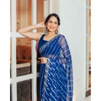 Sari Banarasi Leheriya Bleu Cloche, Chiffon Pur de Haute Qualité, Robe Ethnique Indienne, Taille Unique pour Filles, Tenue de Soirée, Bollywood, Pakistan