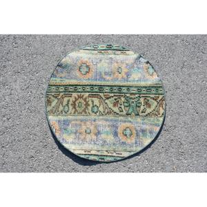 Alfombra Vintage de 2.2x2.2 pies, Alfombra Turca, Alfombra de Lana con Rayas Azules - Product Image 1