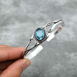 Elegant Sterling Silver <b>Blue</b> <b>Topaz</b> Bangle Exquisite Fine Bangle as a Gift for Her or Mother - Product Image 1