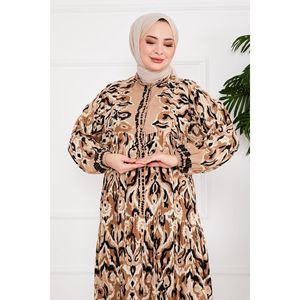 Abotonado Estampado Viscosa Hijab Vestido Modesto Color Visón - Product Image 3