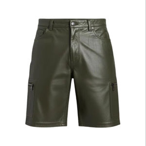 Mens Genuine Leather Cargo <b>Shorts</b> with Side <b>Zipper</b> Pockets Olive Green Fashionable and Streetstyle - Product Image 1