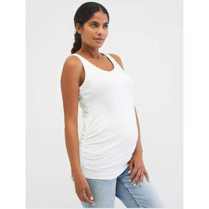 Women's Woven Side Ruched Scoop Neck Maternity Tank <b>Top</b> Soft Stretch Breathable Sleeveless <b>Pregnancy</b> Embroidery Streetwear - Product Image 3