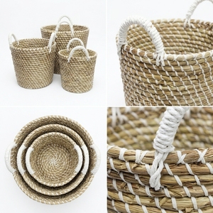 Natural Seagrass Storage <b>Basket</b> Set White Rope Wrapped Handle Round Planter Pot Laundry Bin Setup Decor Pure Art Room Design - Product Image 2