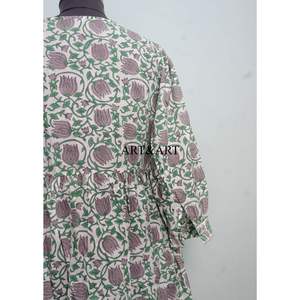 Vestido Formal hasta la Rodilla, 100% Algodón, Hecho a Mano, con Mangas Abullonadas, Estampado Floral Indio, con Borlas, Cómodo, Ecológico, Lavable para Mujer - Product Image 6