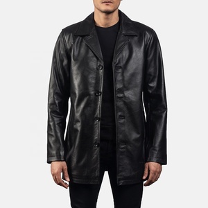 Blouson aviateur en toile noire pour homme, véritable cuir de vache, long manteau, col rond, fermeture éclair, imperméable, coupe-vent, écologique, hiver - Product Image 1