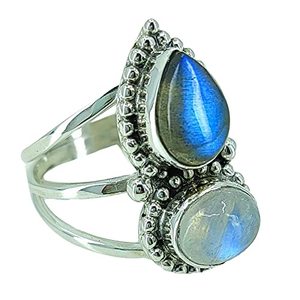 Rainbow Moonstone Labradorite 925 Sterling Silver Handmade Women's Ring Water Drop Boho December Birthstone Jewelry Navya Craft - Product Image 1