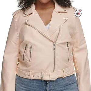 Logo personnalisé OEM Multiple Poches et Matelassé Fabricant Femmes Agneau Veste de Moto Zip Front Belted Waist Veste en Cuir - Product Image 1