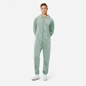 95% Polyester 5% Elastane dua cara YKK kualitas pembukaan ritsleting uniseks hijau muda asli Jumpsuit beludru