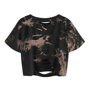 เสื้อยืดผู้หญิงลายกะโหลกนิ้วทำมือใหม่ล่าสุดระบายอากาศได้ดีเสื้อครอปแขนสั้นมีรอยขาด - Product Image 2