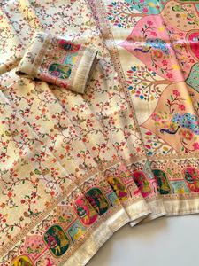 ผ้าซิลค์เนื้อนุ่มสำหรับผู้หญิง พร้อมลายจาการ์ททั่วผืน และลายพิมพ์พัชมีนา แต่งขอบด้วยดอริ ผลิตในอินเดีย - Product Image 3