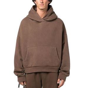 Sweat à capuche personnalisé pour hommes motif solide vintage 100% coton 500 g/m² lavé à l'acide avec logo imprimé à l'ourlet court pour l'automne - Product Image 1