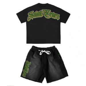 Ensemble T-shirt et short de sport d'été pour homme, tricoté uni, style urbain, avec lettres imprimées et effet froissé, qualité supérieure, vente en gros - Product Image 4