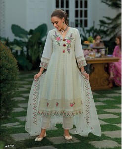 Pur coton Chikanakari auto-imprime Anarkali Salwar Kameez avant arrière travail pour mariage Collection de vêtements indiens et pakistanais - Product Image 3