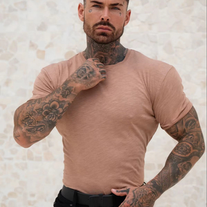 Venta al por mayor ropa a granel café flameado cuello redondo Camiseta para hombres 100% algodón transpirable logotipo personalizado gimnasio y entrenamiento camisetas para hombres - Product Image 1