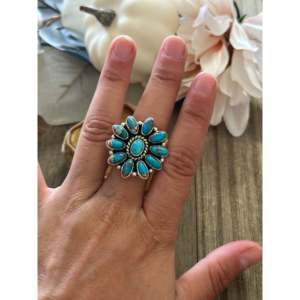 Southwest Handmade Mohave Turquoise <b>Sterling</b> <b>Silver</b> <b>Adjustable</b> Cluster <b>Ring</b> - Product Image 2