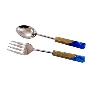 Luxury Gold Metal Salad Server <b>Serving</b> <b>Spoon</b> & Fork Wood & Resin Handle for Kitchenware Dining Table Salad Server - Product Image 6