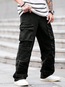 กางเกงยีนส์ฟอกสีเข้มสำหรับผู้ชายขาตรงมีกระเป๋าหลายสีสไตล์ลำลอง - Product Image 2