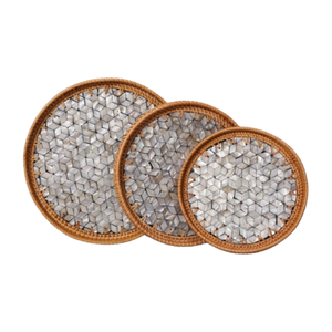 Bandeja de servicio de ratán Natural hecha a mano de diseño moderno de lujo con bandejas redondas con incrustaciones de fregona para mesa decorativa al por mayor Vietnam - Product Image 1