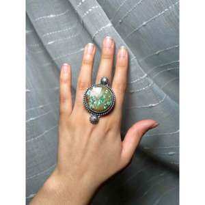Navajo Made Carico Lake Turquoise Sterling <b>Silver</b> <b>Ring</b> Size 7 Rhodium Plated Yellow Gold Pearl Stone Everyday Wear <b>Statement</b> - Product Image 5