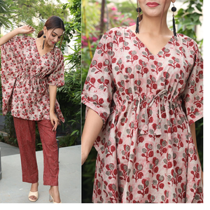 Caftans courts de conception de fleur de couleur pêche sur mesure ensemble complet en tissu 100% coton disponible dans les tailles aussi bien. - Product Image 6