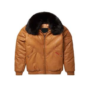 Nueva chaqueta de cuero de piel de fax con cuello de orzuelo marrón de EE. UU. Unisex, chaqueta de cuero de piel de cordero OEM marrón en blanco - Product Image 1