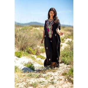 Women Black Embroidered <b>Kaftan</b> Maxi Dress Handmade Boho <b>Beach</b> Wear Caftan Loose Fit Ethnic Long Dress For Summer - Product Image 3