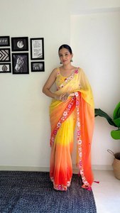 Qualité supérieure Georgette Sarees Broderie Designer Fantaisie Fête De Mariage Porter Indien Pakistanais Vêtements Comprend Belle - Product Image 3