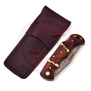 Cuchillo plegable completo de acero de Damasco al por mayor, cuchillo de bolsillo para exteriores con Funda de cuero y mango de madera - Product Image 5