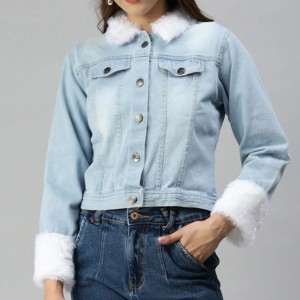 Haute Qualité Slim Bleu À Manches Longues Femmes Laine Doublé Denim Jean Veste Respirant En Gros Manteau Style Veste En Cuir - Product Image 3