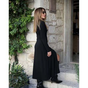 Robe longue en viscose à manches longues et fermeture éclair sur le devant pour femme, 37873 - Noir - Product Image 5